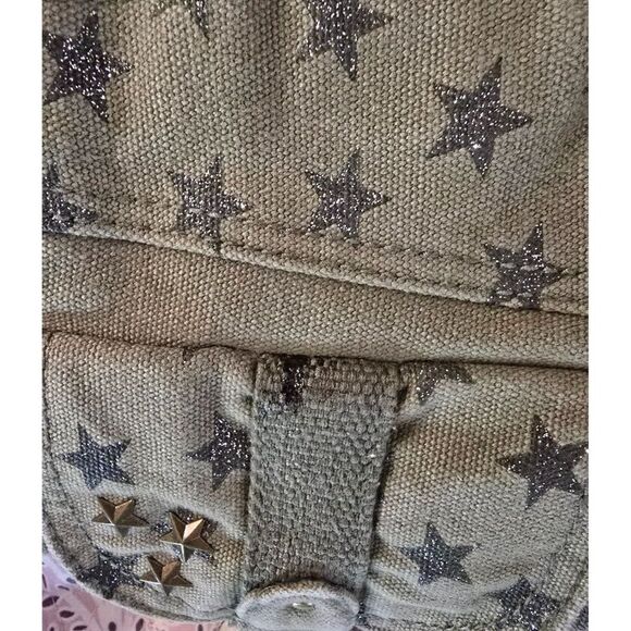 Green Canvas Tote Silver Star Print & Dual Front Buckle Pockets  Angels - Picture 7 of 9